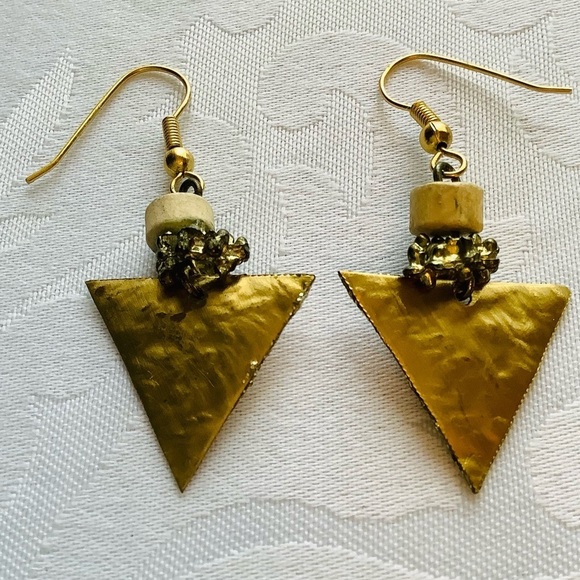 Artisan Crafted Hammered Brass Triangle Earrings - Picture 2 of 6